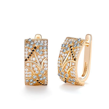 Gold Tone Blue Crystal Floral Rectangle Huggie Earrings
