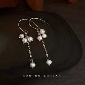 Gold Pearl Cluster Drop Earrings Chain Tassel Dangle