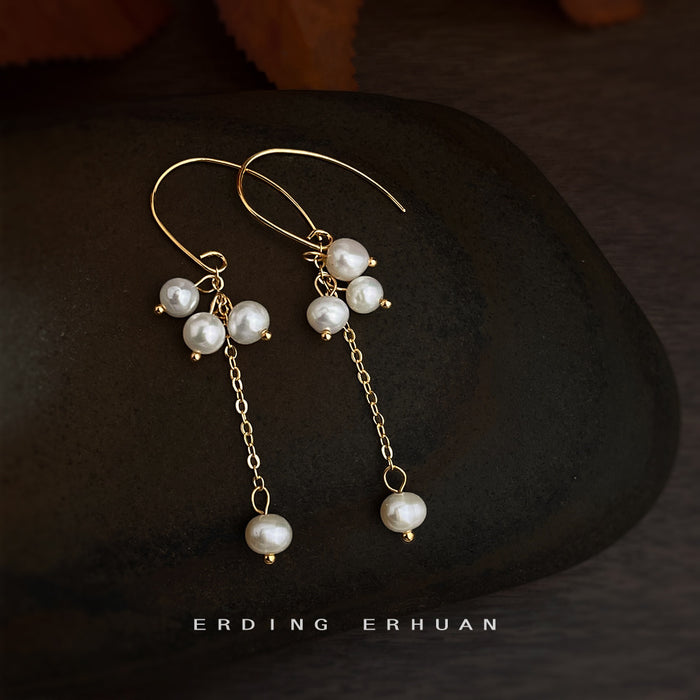 Gold Pearl Cluster Drop Earrings Chain Tassel Dangle
