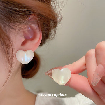 Iridescent White Heart Shaped Stud Polished Metal Polished Metal Earrings