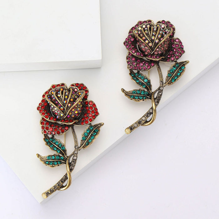 Rhinestone Rose Stem Brooch Antique Metal Red Or Purple