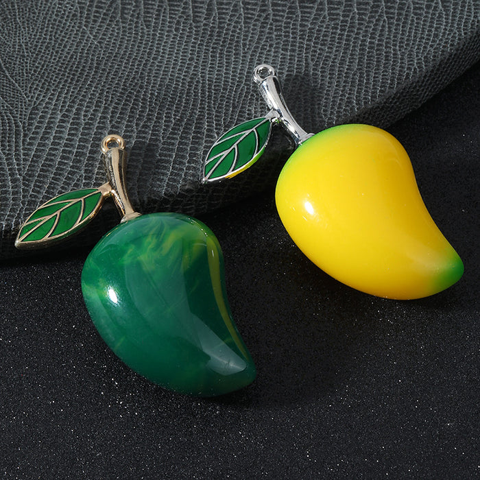 Resin Mango Fruit Charm Pendant With Enamel Leaf Yellow And Green