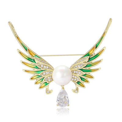 Green enamel gold angel wing brooch with pearl and teardrop crystal