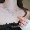 Silver Double Strand Rhinestone Pearl Drop Choker Single Style view 1