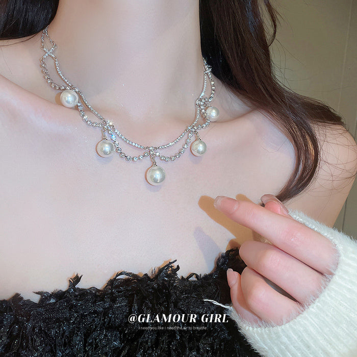 Silver Double Strand Rhinestone Pearl Drop Choker Single Style