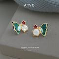 Gold-Tone Green Enamel Butterfly Stud Earrings Rhinestone view 4