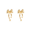 Gold Tone Sculptural Bow Ribbon Long Stud Earrings view 5