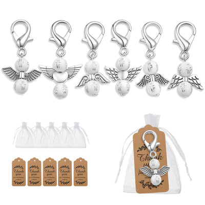 Six white bead angel keychains with bags and kraft tags