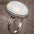 Antique Silver-Tone Filigree Ring, Oval Milky Cabochon, Brass view 2