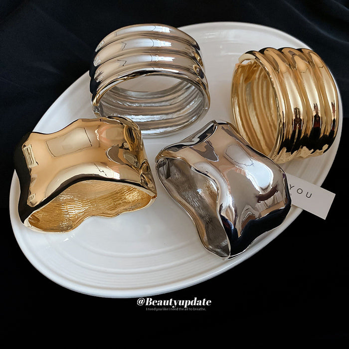 Wide Wavy Metal Cuff In Gold Or Silver Tone With Mixed Gallery Designs