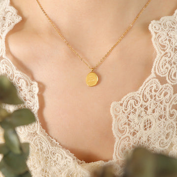 Irregular Oval Script Pendant Necklace Gold Steel Chain