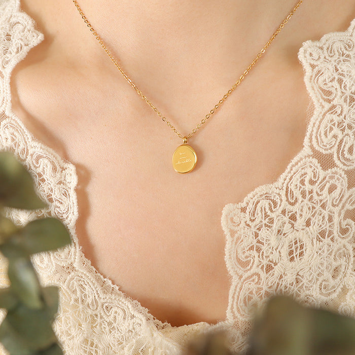 Irregular Oval Script Pendant Necklace Gold Steel Chain