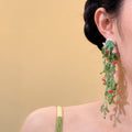 Green Vine And Pink Flower Long Tassel Stud Earrings view 4