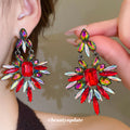 Multicolor Crystal Floral Drop Earrings In Red And Black view 3