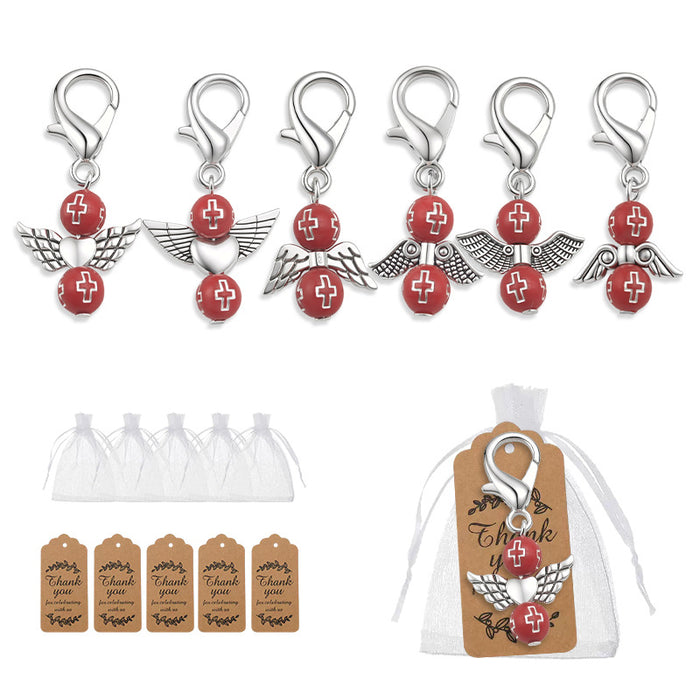 Red Cross Bead Angel Keychain Silver Clasp Six Styles