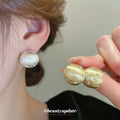 Baroque Pearl Look Round Stud Earrings in Gold and Silver view 2