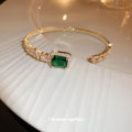 Gold Tone Green Rectangle Open Bangle With Clear Crystal Sides view 4