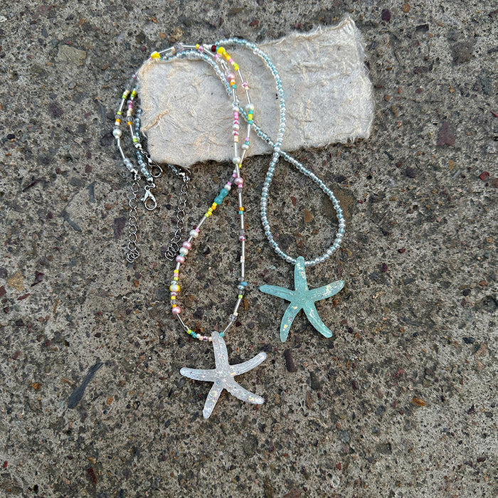 Multicolor Seed Bead Glitter Starfish Pendant Necklace