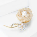 Gold Tone Rose Brooch with Pearl Center and Crystal Leaf Stem view 3