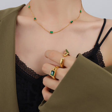 Emerald Green Rectangle Zircon Station Necklace Gold Steel