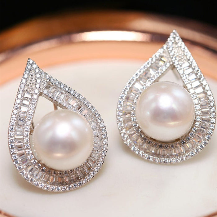 White Gold Tone Teardrop Faux Pearl Clear Halo Stud Earrings