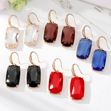 Gold Tone Rectangular Faceted Crystal Hook Earrings in Five Colors