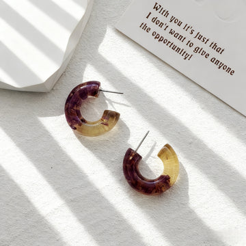 Purple and Yellow Marbled Resin Hoop Stud Earrings