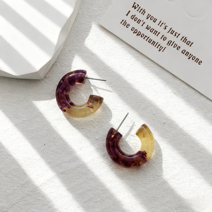 Purple and Yellow Marbled Resin Hoop Stud Earrings
