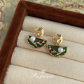 Gold Green Enamel Fan Drop Stud Earrings Pearl Red view 1