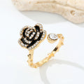 Gold Tone Black Enamel Rose Crystal Adjustable Open Ring view 4