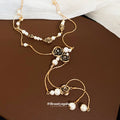 Gold Tone Layered Black Flower Pearl Drop Necklace view 2