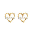 Gold Open Heart Beaded Stud Earrings Mini Pearl Row view 5