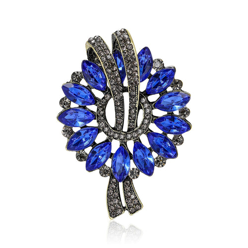 Antique gold blue marquise crystal bow brooch front