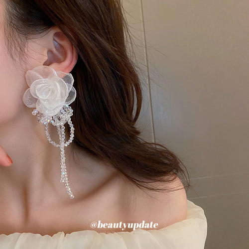 Organza Flower and Beaded Chain Drop Earrings in Two Colors shown in ear-worn front view