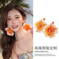 Orange Raffia Flower Statement Stud Earrings Decorative Jewelry Pair view 1