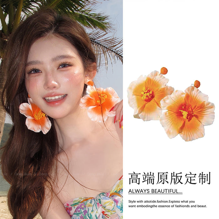 Orange Raffia Flower Statement Stud Earrings Decorative Jewelry Pair