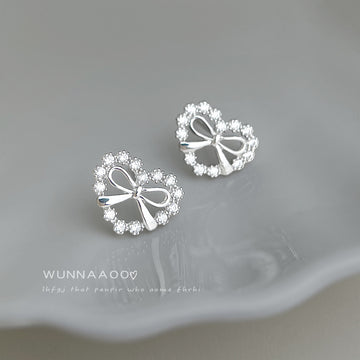 Silver Tone Clear Stone Heart Wreath And Bow Stud Earrings