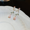 Pink Rose and Green Leaf Drop Earrings with Pearl Accents view 6