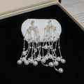 Silver Tone Pearl Tassel Statement Drop Earrings Fashion Jewelry view 7