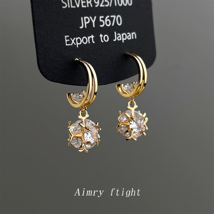Gold Double Band Huggie Earrings With Zircon Ball Drop