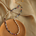 Multicolor Stone Pearl Beaded Necklace Gold Spacer Accents view 3