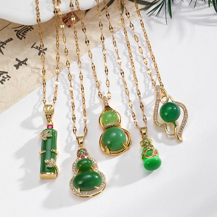 Green Jade-Look Gourd Bamboo Pendant Necklaces Gold Chain 5 Styles