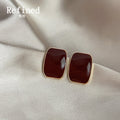 Wine Red Rectangular Enamel Stud Earrings Gold Tone Rim view 4