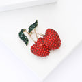 Red Rhinestone Double Cherry Brooch Green Crystal Leaves view 4