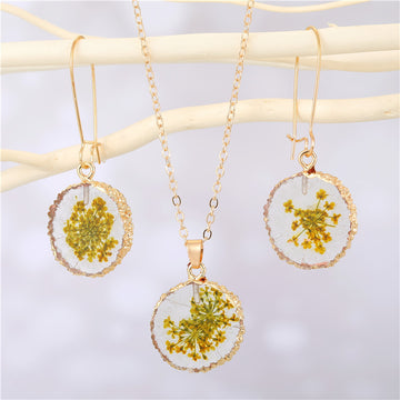 Gold Tone Pressed Flower Necklace and Long Hook Earring Options