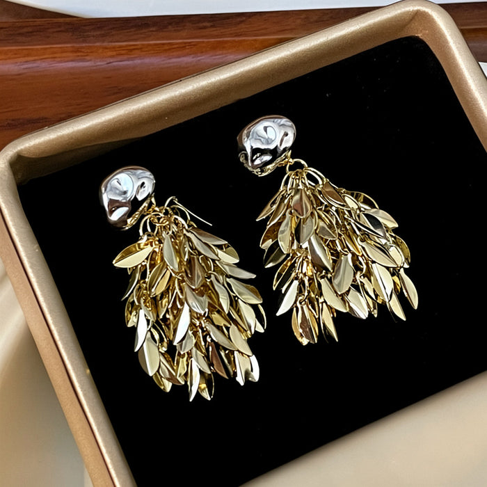 Two Tone Leaf Cluster Stud Earrings With Layered Metal Drops