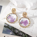 Gold Tone Scalloped Round Pressed Flower Resin Stud Earrings view 6