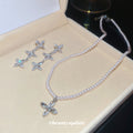Pearl Bead Cross Pendant Necklace Triple Crystal Cross Drops view 2