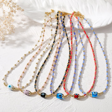 Gold Tone Seed Bead Glass Evil Eye Choker Necklaces