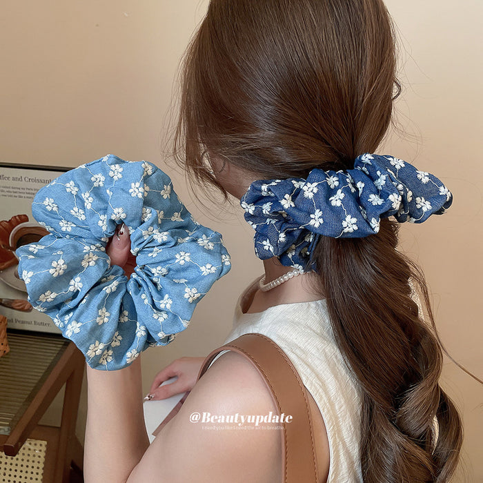 Blue White Floral Embroidered Fabric Scrunchie 3 Styles